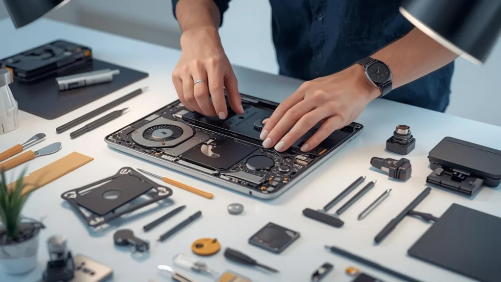 Disassembled computer components on a desk, illustrating IT hardware reuse and recycling
