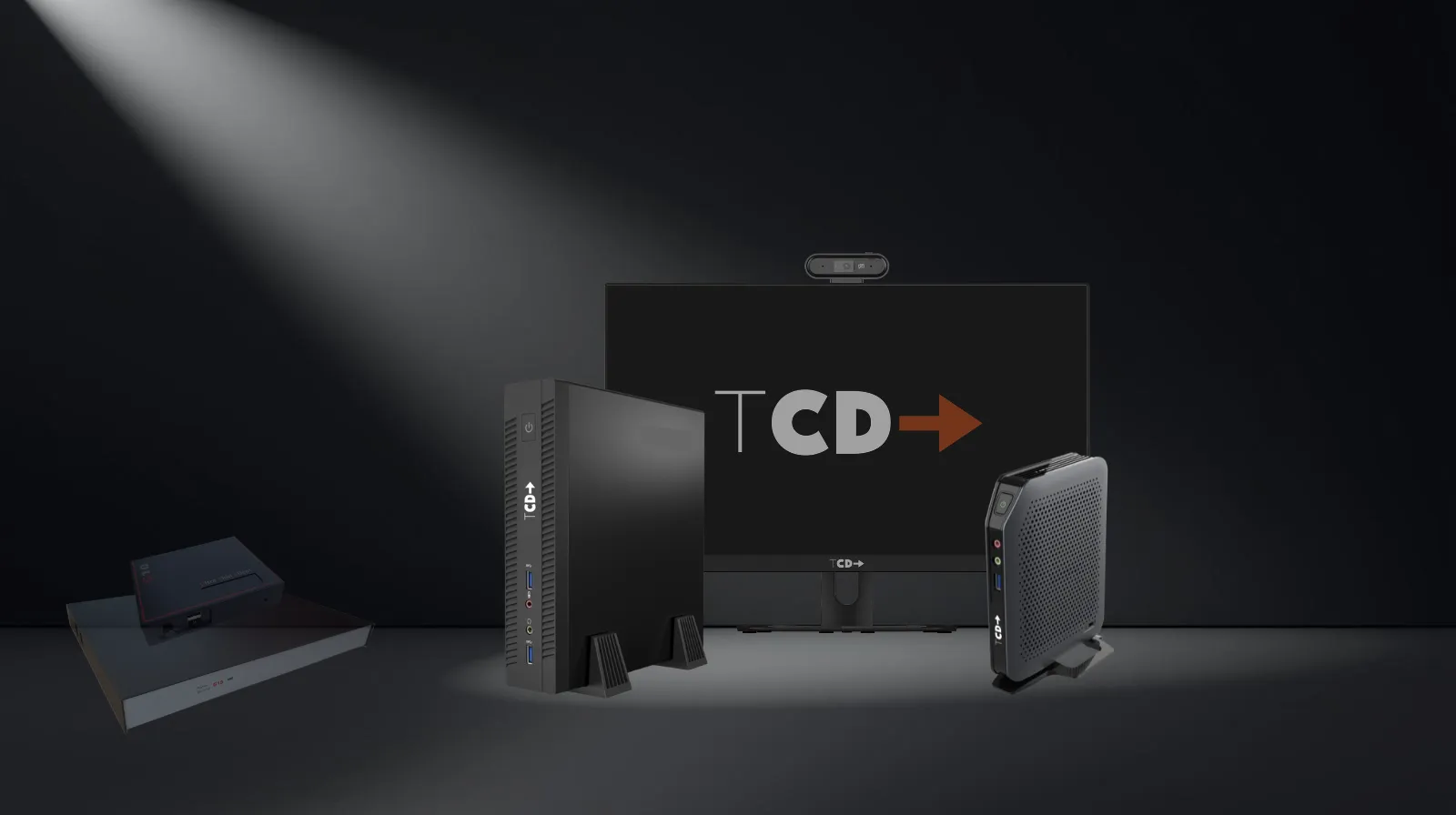 legacy AXEL thin clients in shadow on the left and modern TCD thin clients illuminated under a spotlight on the right, representing structured thin client replacement after vendor closure.