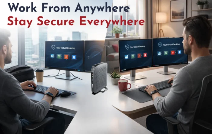 Thin client remote work setup showing secure access to Azure Virtual Desktop, Citrix, and Windows 365 from office and home environments using a TCD endpoint