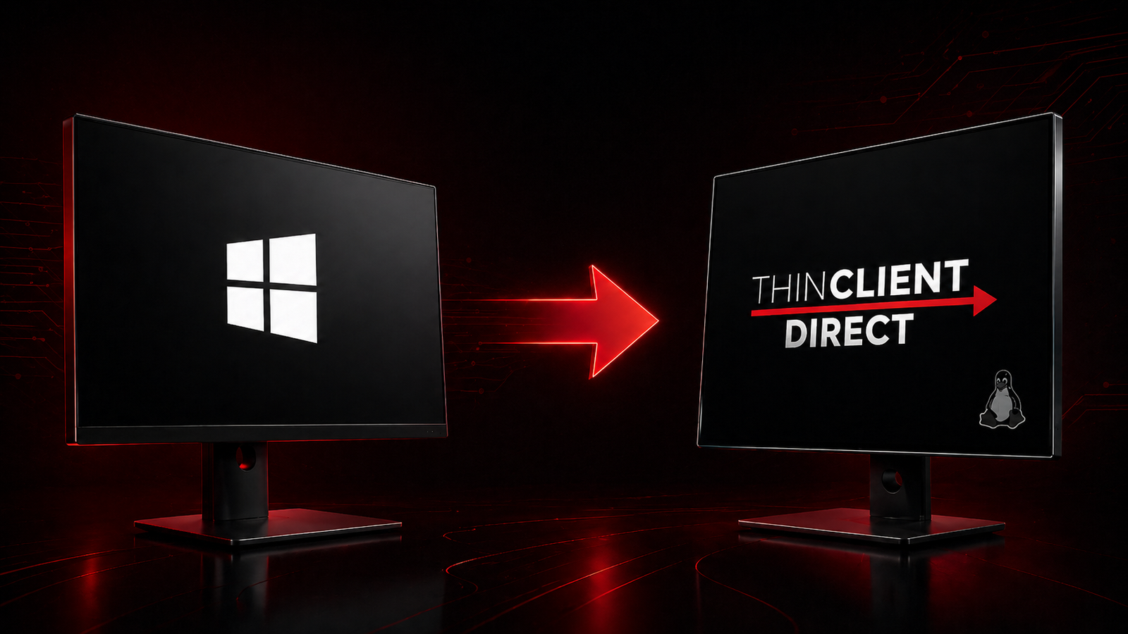 Desktop PC Repurposing Into Thin Clients Legacy Windows desktop monitor transitioning into a ThinClient Direct endpoint with a Linux symbol, shown with a red arrow on a dark red and black technology background.