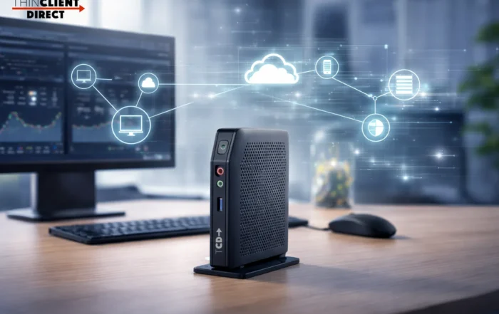 TCD thin client on a modern office desk with monitor, keyboard, mouse, and cloud network graphics representing how software support influences endpoint hardware lifecycle.