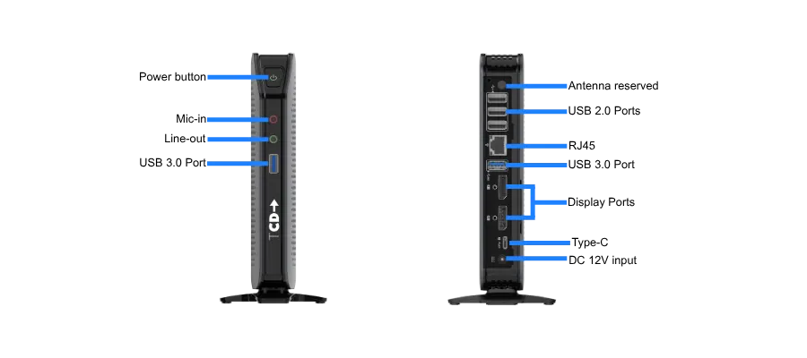 1 Series 001 – Connectivity TCD 1 Series 001 thin client front and rear ports including USB 3.0, USB 2.0, DisplayPort, RJ45, audio jacks, and power input for enterprise setups