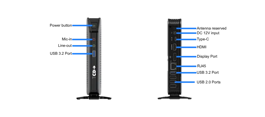 TCD 1 Series 002 thin client front and rear ports including USB 3.2, HDMI, DisplayPort, RJ45, Type-C, audio jacks, and power input for enterprise workstation integration
