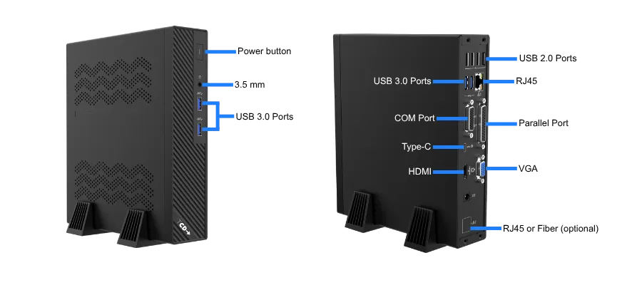 2 Series 002 – Connectivity TCD 2 Series 002 thin client front and rear ports including USB 3.0, USB 2.0, USB-C, HDMI, VGA, RJ45, serial, and parallel connections for enterprise environments