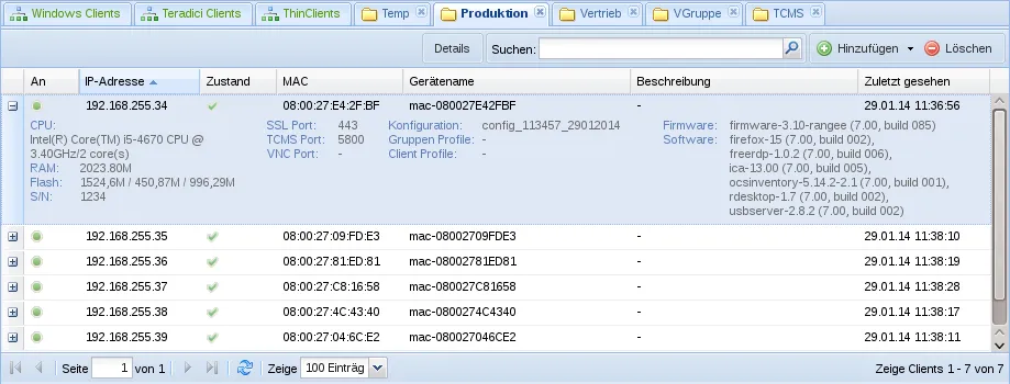 Centralized TCMS dashboard showing thin client endpoint management, device monitoring, firmware visibility, software inventory, and administrative oversight across distributed endpoint environments.