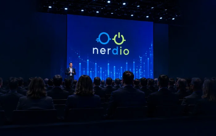 Audience attending a large enterprise technology conference while a presenter speaks on stage beneath a large Nerdio display focused on cloud desktop and endpoint management themes.