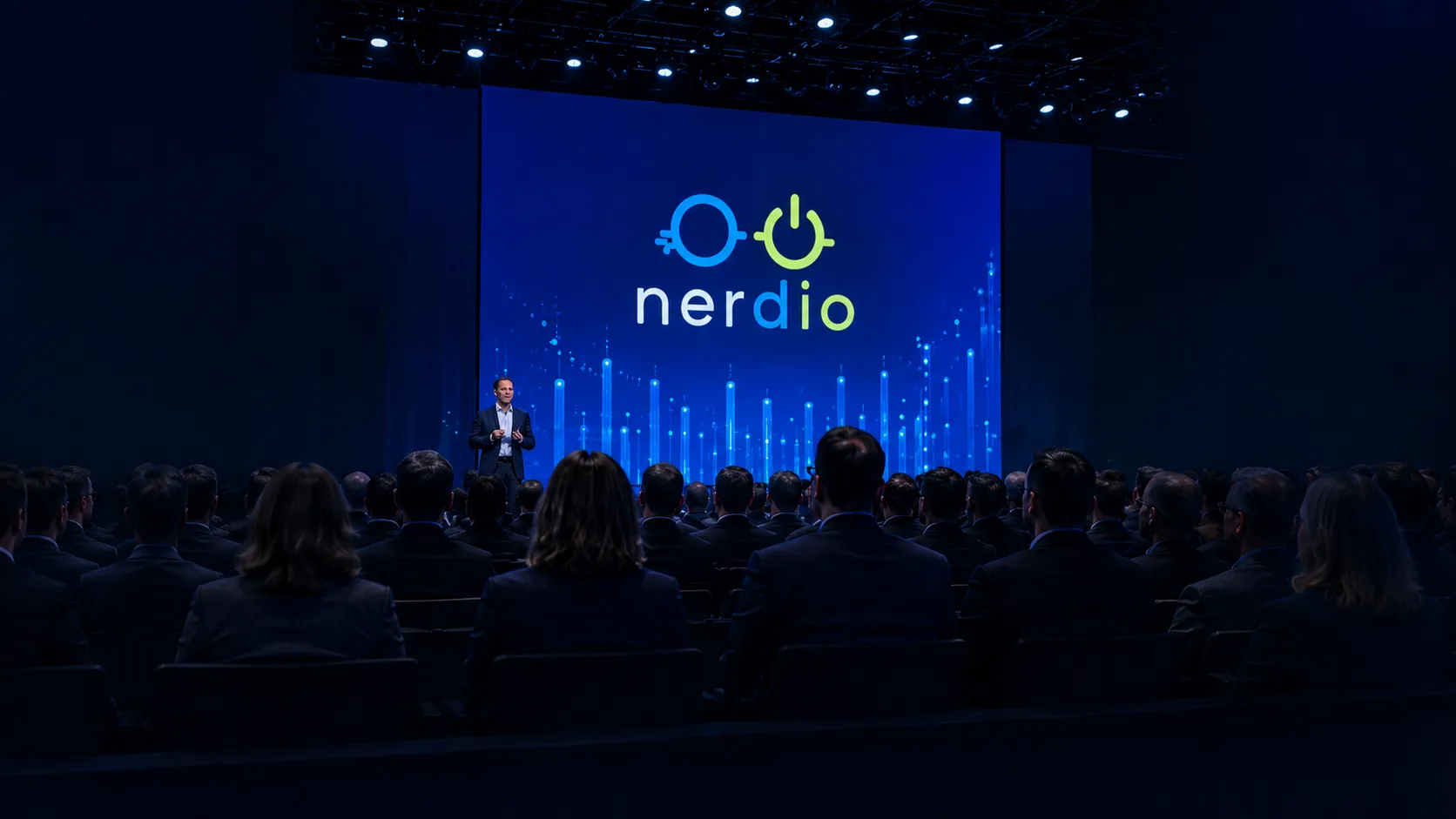 Audience attending a large enterprise technology conference while a presenter speaks on stage beneath a large Nerdio display focused on cloud desktop and endpoint management themes.