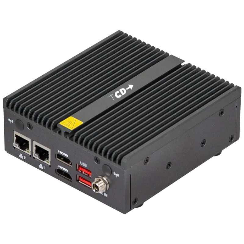 TCD G Series thin client – front left 3d side Angled view of the TCD G Series TAA-compliant thin client with fanless aluminum chassis dual LAN HDMI and USB connectivity for secure government and enterprise EUC deployments
