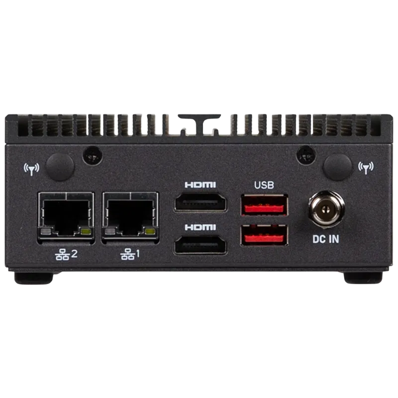 TCD G Series thin client – ports side Rear view of the TCD G Series thin client showing dual Ethernet ports HDMI outputs USB ports and DC power input for secure centralized endpoint deployments