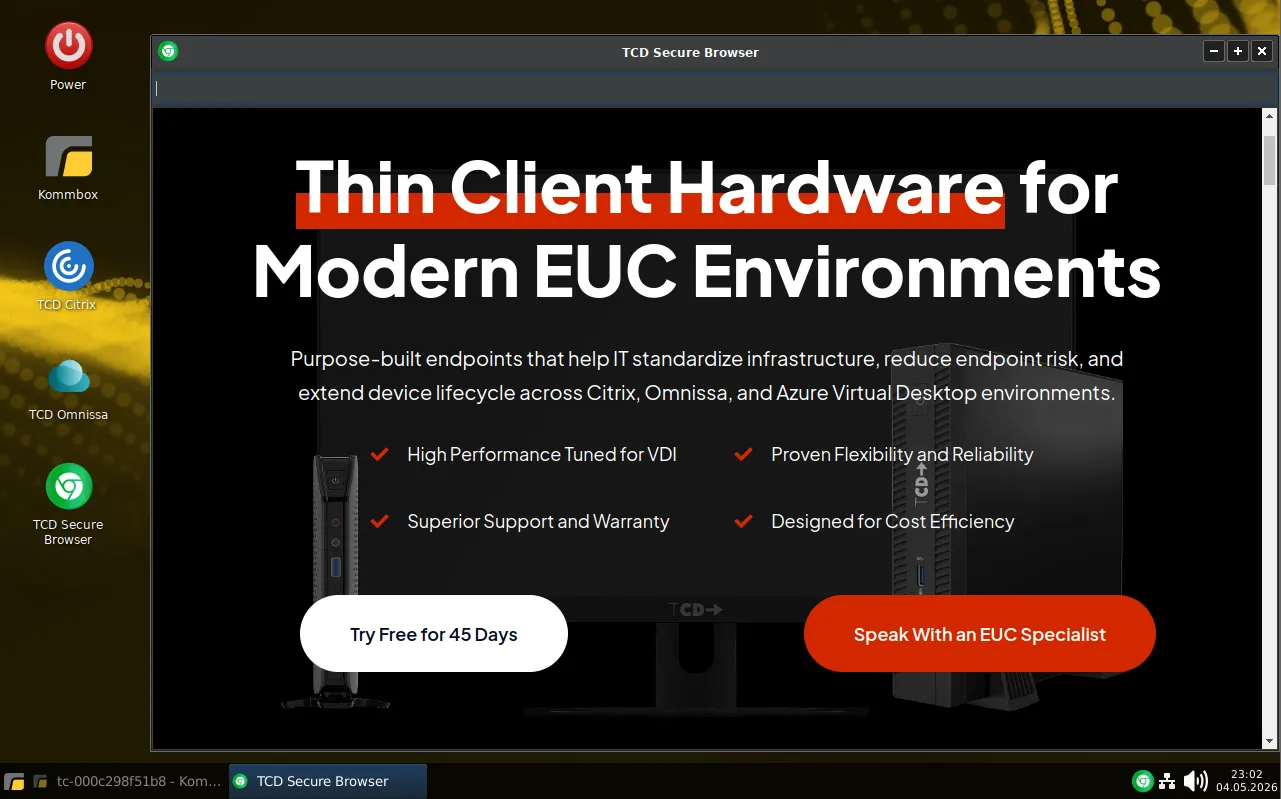 TCD Secure Browser running on Rangee OS for secure access to Citrix, Omnissa Horizon, and virtual desktop infrastructure environments.