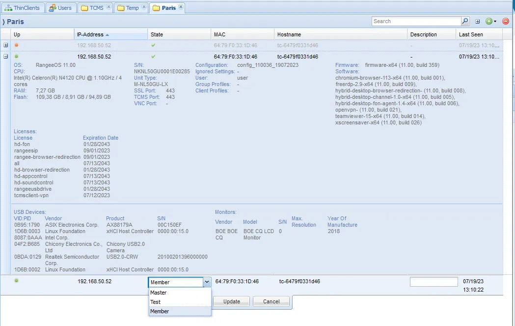 TCMS endpoint administration interface displaying device grouping, policy assignment, endpoint configuration management, and centralized thin client governance controls.
