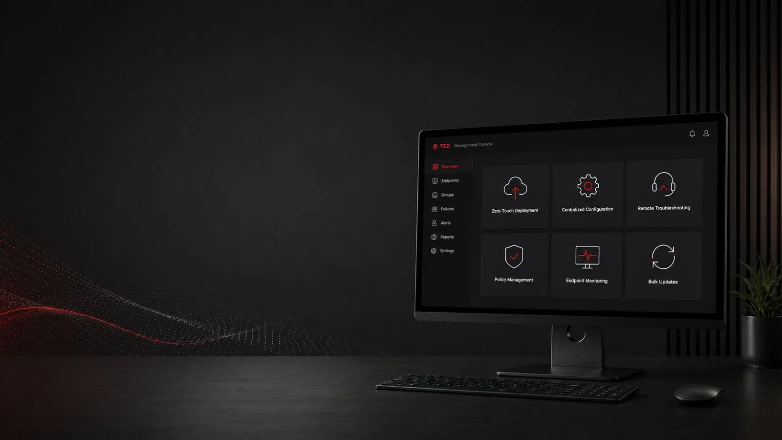 TCMS banner Thin client management system dashboard displaying zero-touch deployment, centralized configuration, remote troubleshooting, endpoint monitoring, policy management, and bulk updates for enterprise thin client environments.