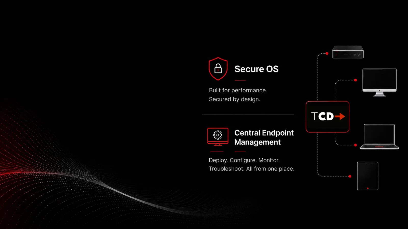 A modern thin client software platform hero banner showing secure endpoint OS architecture and centralized endpoint management connected across thin clients, desktops, laptops, and tablets within a dark enterprise IT environment.