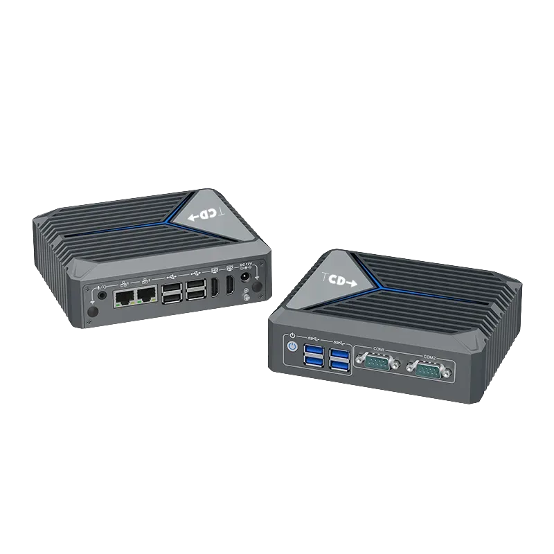 Angled side by side comparative view of the TCD i Series industrial thin client with fanless aluminum chassis, dual COM ports, USB connectivity, and rugged design for manufacturing, automation, and edge environments.