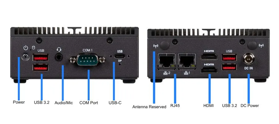 tcd g series connectivity Rear connectivity layout of the TCD G Series thin client showing dual RJ45 Ethernet ports, dual HDMI outputs, USB 3.2 ports, USB-C with DisplayPort support, COM serial port, audio/mic jack, DC power input, antenna connections, and reserved expansion port for enterprise VDI and endpoint deployments.