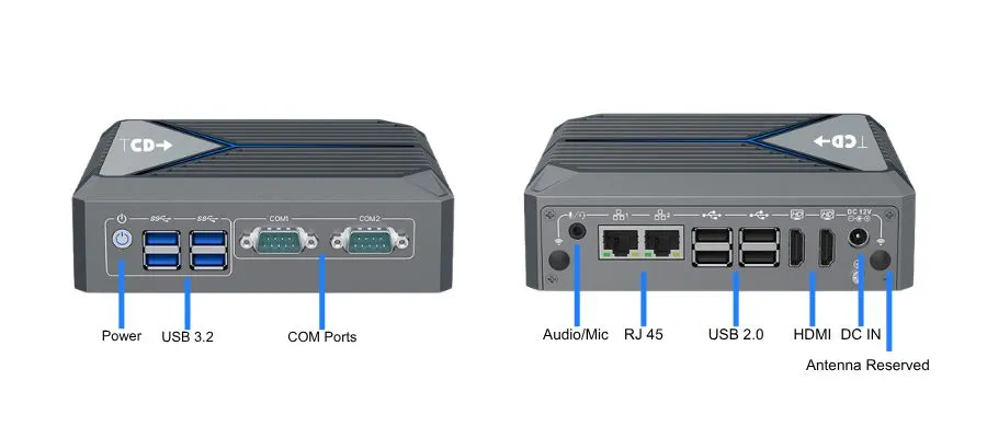 Front and rear connectivity view of the TCD i Series thin client showing USB 3.2 ports, dual COM serial ports, dual RJ45 Ethernet ports, USB 2.0 ports, HDMI outputs, audio/mic jack, DC power input, and antenna reserved connections for enterprise thin client and industrial endpoint environments.