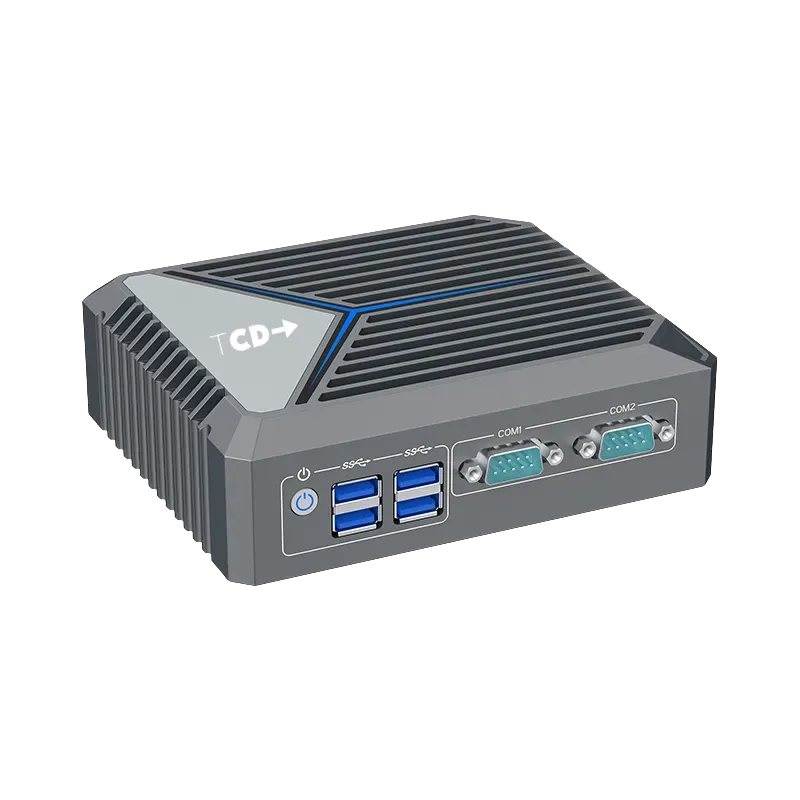 nnltosxmwkofnpjhl6cv Angled view of the TCD i Series industrial thin client with fanless aluminum chassis, dual COM ports, USB connectivity, and rugged design for manufacturing, automation, and edge environments.
