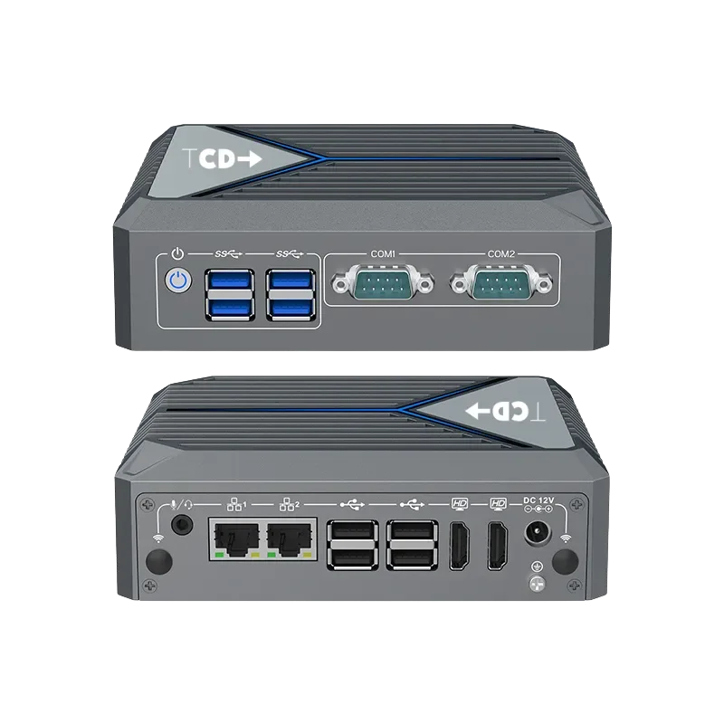 front and back comparative view of the TCD i Series industrial thin client with fanless aluminum chassis, dual COM ports, USB connectivity, and rugged design for manufacturing, automation, and edge environments.