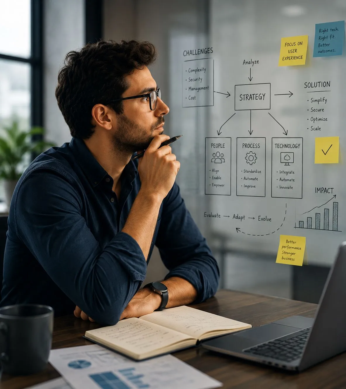 IT strategist planning secure endpoint management and EUC infrastructure strategy with workflow diagrams for automation, scalability, zero-touch deployment, and centralized device management in a modern enterprise workspace.