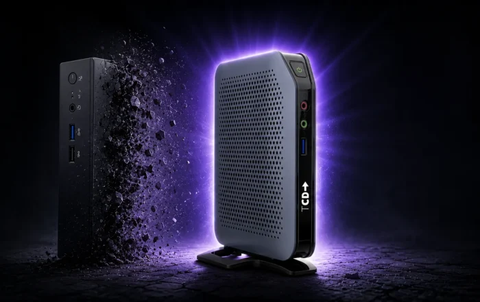 TCD 1 Series thin client standing beside a fading legacy thin client, symbolizing the shift toward more flexible and modern endpoint solutions