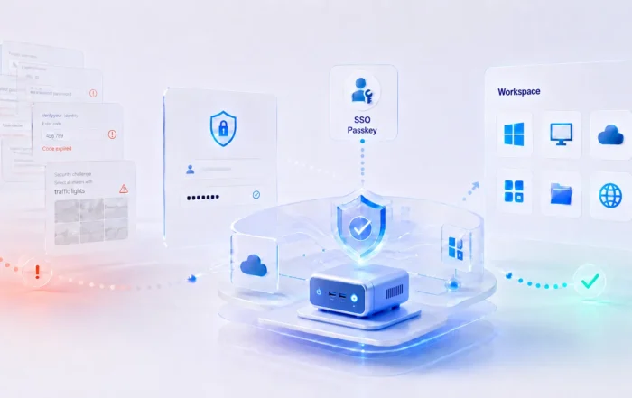 Conceptual illustration showing authentication friction and failed login prompts transitioning through a secure thin client, SSO and passkey authentication to streamlined cloud and virtual workspace access.