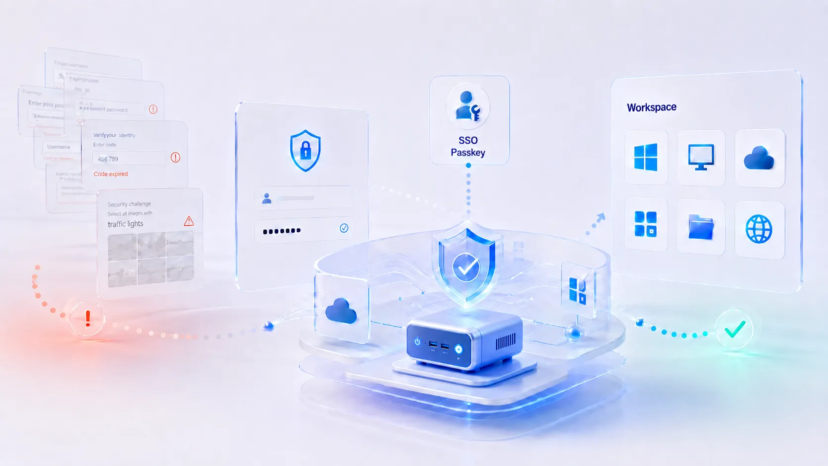 Conceptual illustration showing authentication friction and failed login prompts transitioning through a secure thin client, SSO and passkey authentication to streamlined cloud and virtual workspace access.