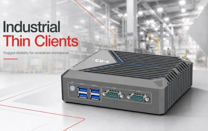 TCD i Series industrial thin client in a rugged warehouse environment, showing a fanless compact design for centralized workspaces, manufacturing, and industrial deployments.
