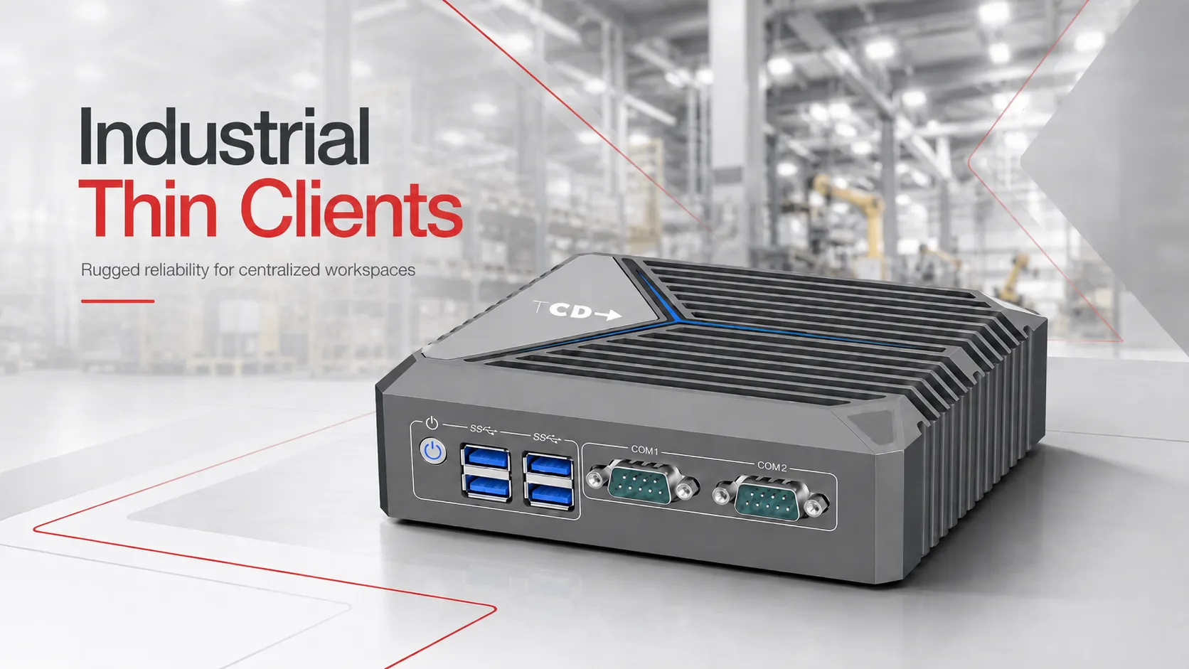 TCD i Series industrial thin client in a rugged warehouse environment, showing a fanless compact design for centralized workspaces, manufacturing, and industrial deployments.