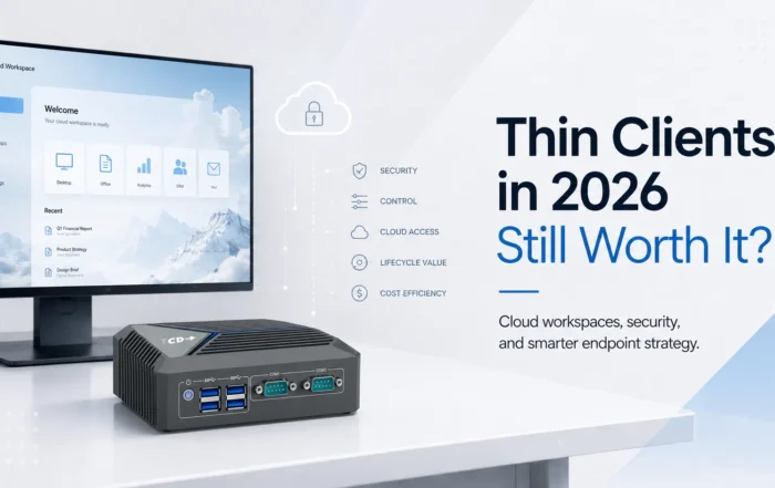TCD i Series thin client beside a cloud workspace display, illustrating secure VDI access, endpoint control, and lifecycle value in 2026.