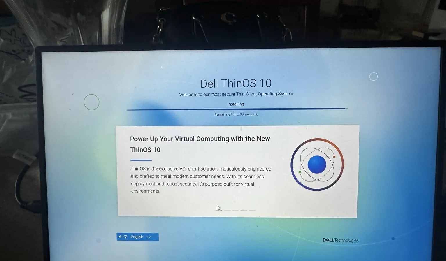 Dell ThinOS 10 installing successfully on a TCD 1 Series thin client during ThinClient Direct compatibility testing.