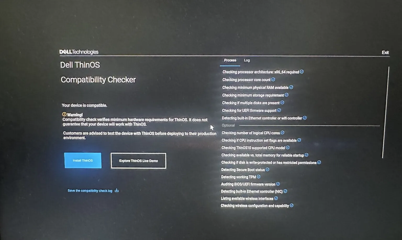 Dell ThinOS Compatibility Checker confirming that the TCD 1 Series meets ThinOS hardware requirements during testing by ThinClient Direct.