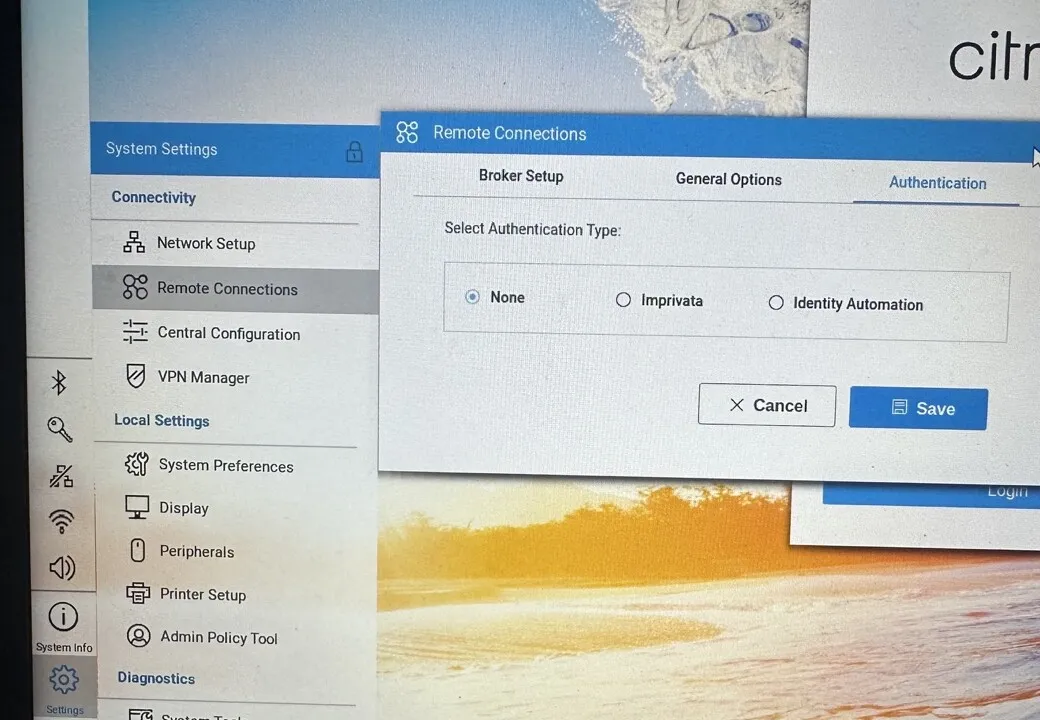 Dell ThinOS remote-connection settings on a TCD 1 Series showing Imprivata and Identity Automation authentication options for Citrix virtual desktop access.
