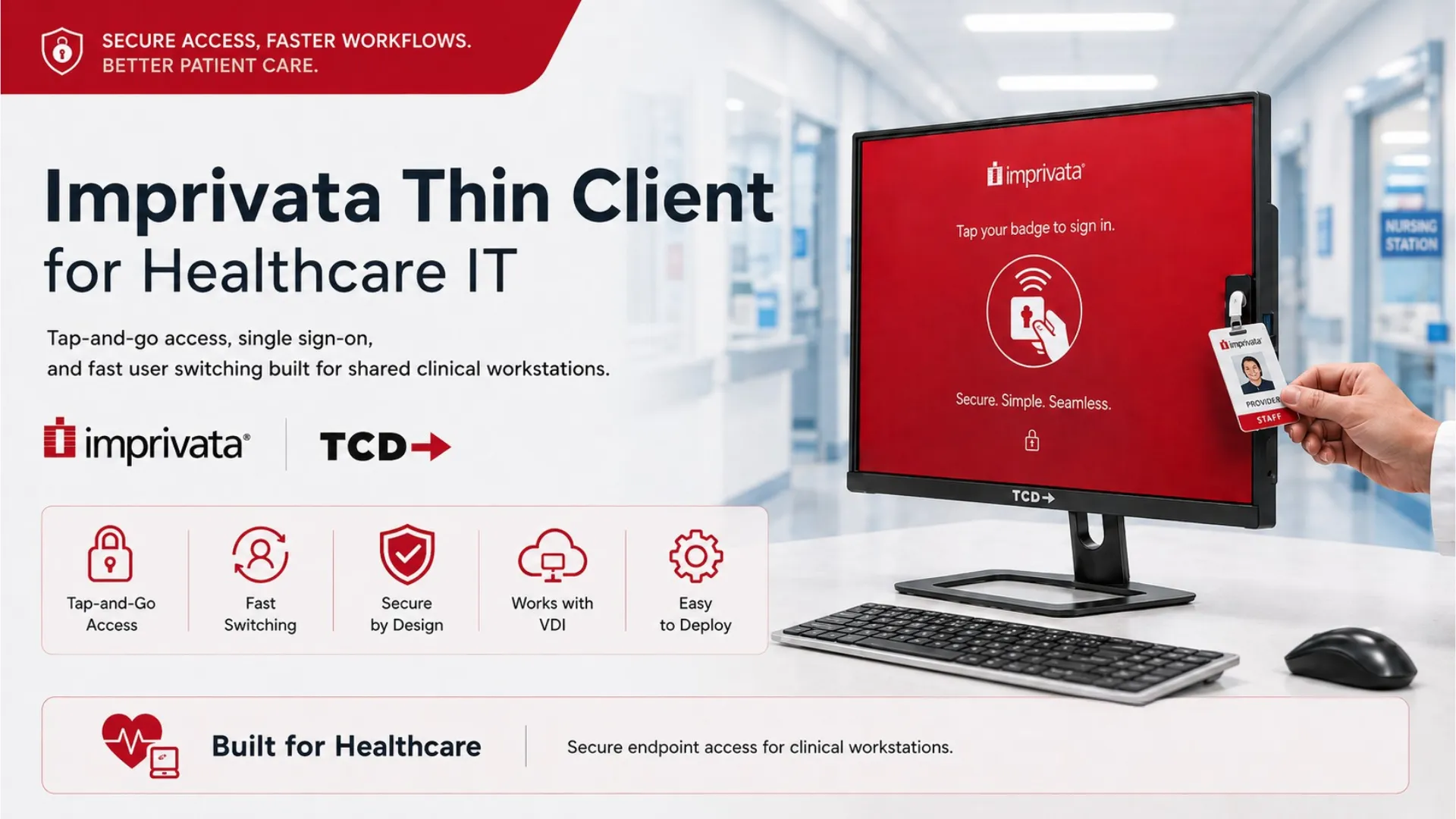 TCD all-in-one Imprivata thin client enabling tap-and-go badge authentication, single sign-on, fast user switching, secure VDI access, and centralized clinical workstation management in healthcare environments.