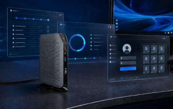 TCD 1 Series thin client shown with compatibility checks, ThinOS installation progress, and virtual-workspace interface panels during Dell ThinOS testing.
