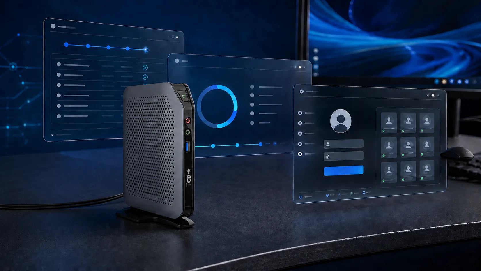 TCD 1 Series thin client shown with compatibility checks, ThinOS installation progress, and virtual-workspace interface panels during Dell ThinOS testing.