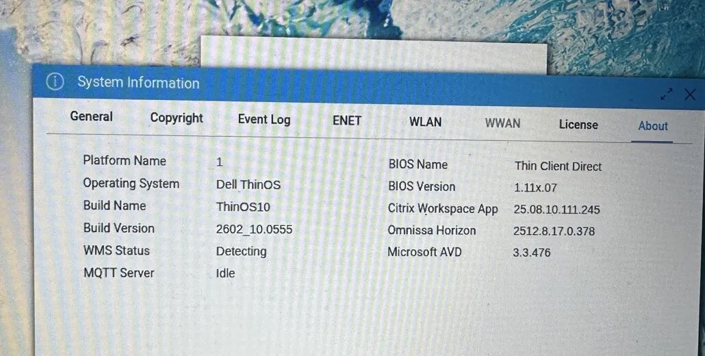 Dell ThinOS 2602 system information on a TCD 1 Series showing Thin Client Direct BIOS and installed Citrix Workspace, Omnissa Horizon, and Microsoft AVD clients.