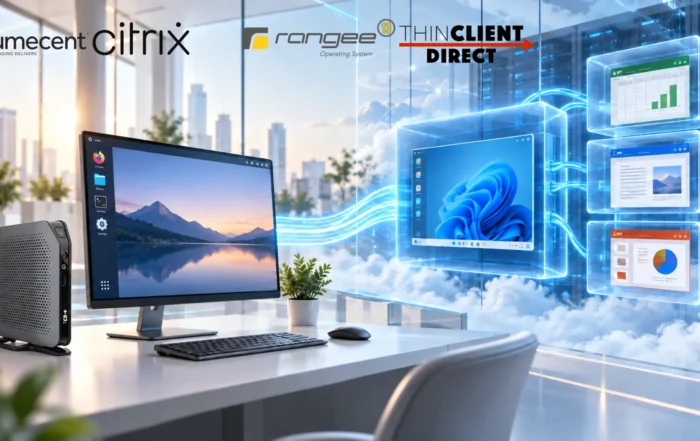 TCD thin client running Rangee OS and connecting to Citrix-hosted Windows applications delivered through Numecent Cloudpaging.