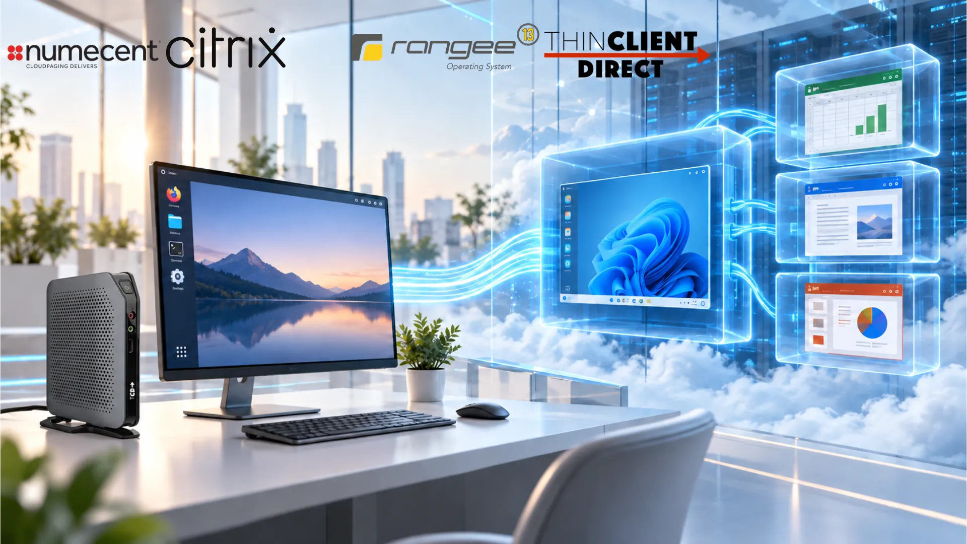 TCD thin client running Rangee OS and connecting to Citrix-hosted Windows applications delivered through Numecent Cloudpaging.