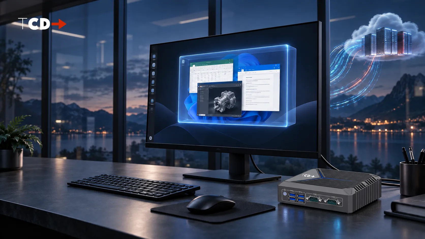 CD i Series thin client beside a monitor illustrating a possible local Windows application layer on a Linux endpoint.