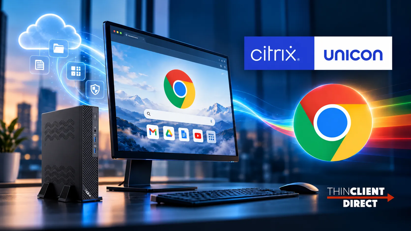TCD thin client next to a monitor running Google Chrome, with Citrix Unicon and ThinClient Direct logos